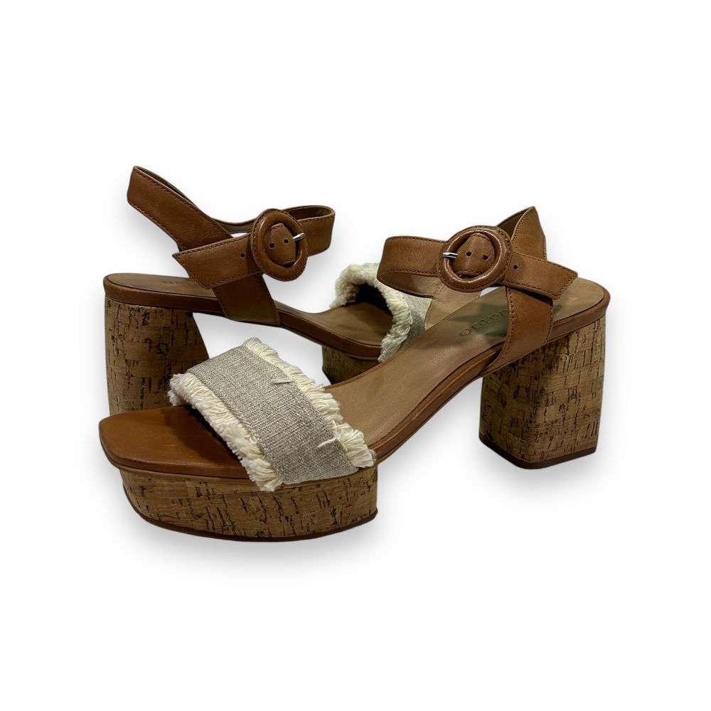 Bernardo Reagan Frayed Canvas‎ & Leather Platform Sandals with Cork Block Heel 9